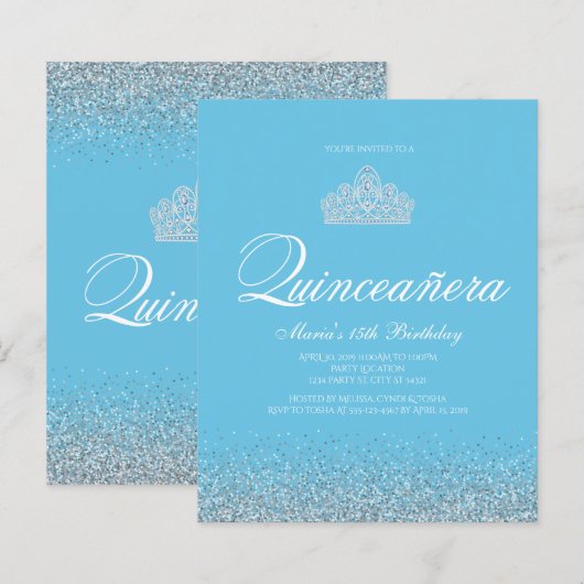 Budget Sweet 15, Light Blue Quinceanera Uitnodigin (Voorkant / Achterkant)
