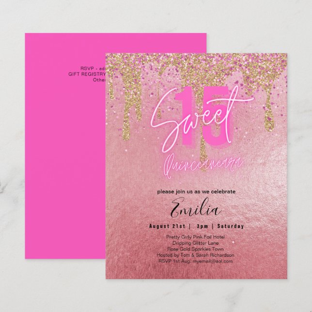 Budget Sweet 15 Roze Glitter Folie Quinceanera Gla (Voorkant / Achterkant)
