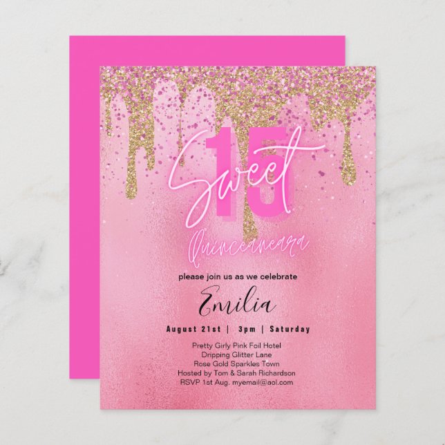Budget Sweet 15 Roze Glitter Folie Quinceanera Gla (Voorkant / Achterkant)