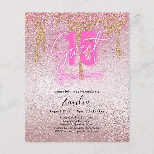 Budget Sweet 15 Roze Glitter Folie Quinceanera Gla Flyer