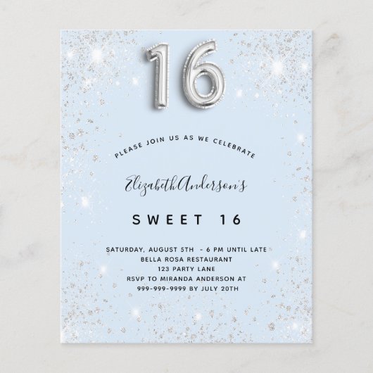 Budget Sweet 16 babyblauwe zilver glitter (Voorkant)