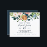 Budget Sweet 16 bloemetjesverjaardagsfeest Uitnodi<br><div class="desc">Peach crème, blush roze, ivoor en marvy blue bohemian pastelbloemen bouquets met groene groene bladgroen en een ronde, faux metallic goudkoperen glittercirkel die een moderne glam horizontale feminine milestone Sweet Sixteen / elke uitnodiging voor een verjaardagsfeestje met een trendy chic full editable typografie. Geschikt voor lente en zomerverjaardagen. LEES DIT...</div>