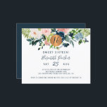 Budget Sweet 16 bloemetjesverjaardagsfeest Uitnodi<br><div class="desc">Peach crème, blush roze, ivoor en marvy blue bohemian pastelbloemen bouquets met groene groene bladgroen en een ronde, faux metallic goudkoperen glittercirkel die een moderne glam horizontale feminine milestone Sweet Sixteen / elke uitnodiging voor een verjaardagsfeestje met een trendy chic full editable typografie. Geschikt voor lente en zomerverjaardagen. LEES DIT...</div>