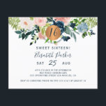 Budget Sweet 16 bloemetjesverjaardagsfeest Uitnodi Flyer<br><div class="desc">Peach crème, blush roze, ivoor en navy blue bohemian pastelbloemen bouquets met groene groene bladgroen bladgroen en een ronde faux metallic goudkoperen glittercirkel die een moderne glam horizontale feminine milestone Sweet Sixteen / any age party nodigt FLYER uit met een trendy chic full editable typografiescript. Geschikt voor lente en zomerverjaardagen....</div>