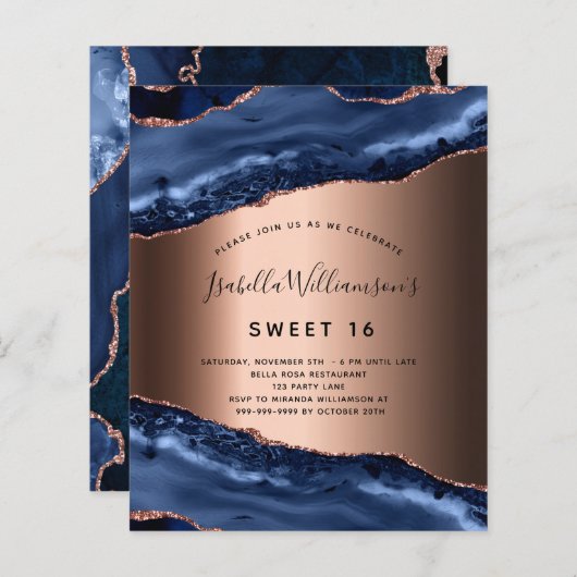 Budget Sweet 16 Blue agate roos Gold-uitnodiging (Voorkant / Achterkant)
