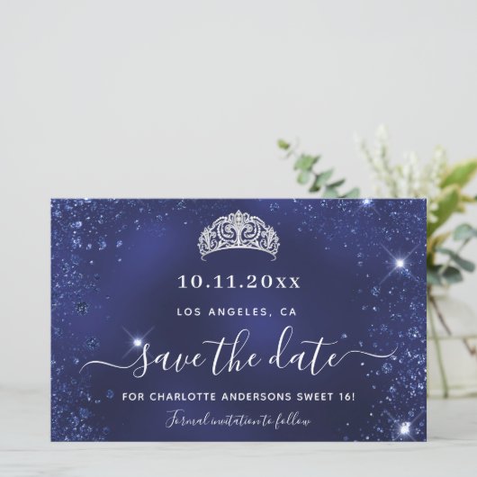 Budget Sweet 16 Blue glitter Ssave Date (Staand voorkant)