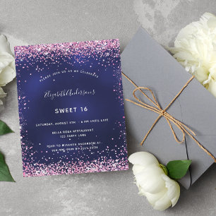 Budget Sweet 16 blue - roze glitter-uitnodiging vo