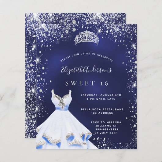 Budget Sweet 16 blue Silver Glitter-kledingstuk ti (Voorkant / Achterkant)