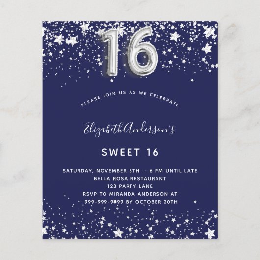 Budget Sweet 16 Blue Silver-uitnodiging voor de ma (Voorkant)