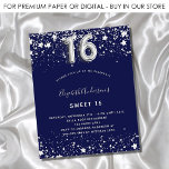 Budget Sweet 16 Blue Silver-uitnodiging voor de ma<br><div class="desc">Een moderne,  stijlvolle en glamoureuze uitnodiging voor een Sweet 16,  16e verjaardagsfeestje. Een blauwe achtergrond voor de marine,  versierd met faux zilveren sterren. Personaliseer en voeg jouw naam en partijdetails toe. Nummer 16 wordt geschreven met een ballonstijllettertype.</div>