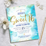Budget Sweet 16 Blue Waterverf Gold Script Invite<br><div class="desc">"Happy Sweet 16". Verstuur deze verbluffende, dunne, dunne, feestelijke, moderne, gepersonaliseerde uitnodiging van een aangepaste budgetpartij voor een evenement dat u zich herinnert. Sparkly gold faux folie en minuscule confetti glitter stippen en typografie script bedekken een turquoise blue waterverf background. Pas de douanetekst met de naam van uw dochter evenals...</div>
