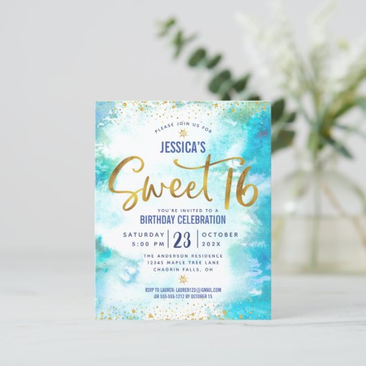 Budget Sweet 16 Blue Waterverf Gold Script Invite (Staand voorkant)
