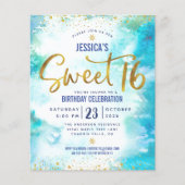 Budget Sweet 16 Blue Waterverf Gold Script Invite (Voorkant)