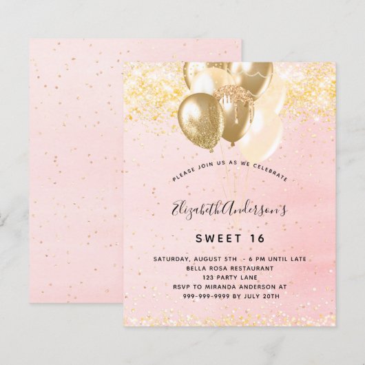 Budget Sweet 16 blush Gold ballonnen uitnodiging (Voorkant / Achterkant)