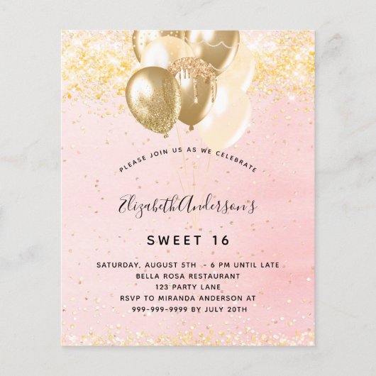 Budget Sweet 16 blush Gold ballonnen uitnodiging (Voorkant)