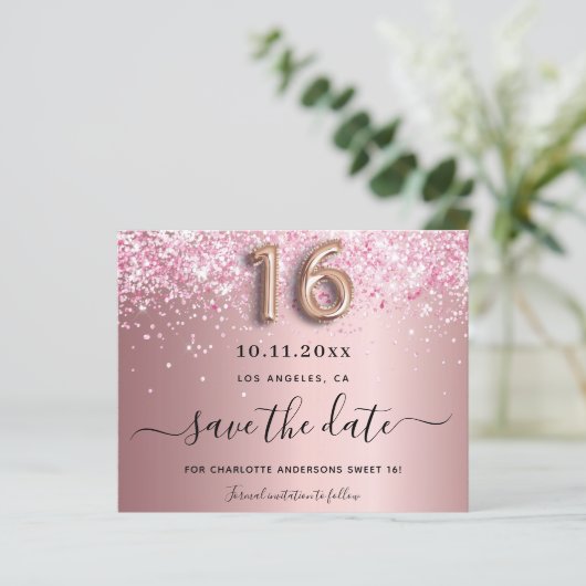 Budget Sweet 16 blush roze glitter behalve de datu (Staand voorkant)