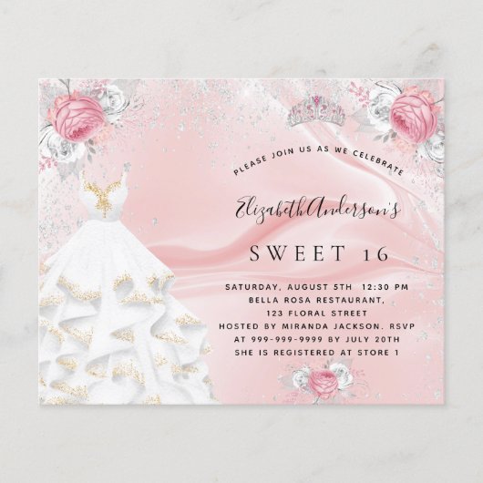 Budget Sweet 16 blush roze jurk tiara-uitnodiging (Voorkant)