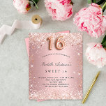 Budget Sweet 16 blush roze roze roos goud glitters<br><div class="desc">Voor een elegant Sweet 16,  16e verjaardagsfeest. Een zwarte roze gradiëntachtergrond. Gedecorreerd met roos goudfaux glitter stof. Pas een naam en partijdetails aan en voeg deze toe. De naam wordt geschreven met een handgeschreven stijlmanuscript met letters. Nummer 16 wordt geschreven met een ballonstijllettertype.</div>