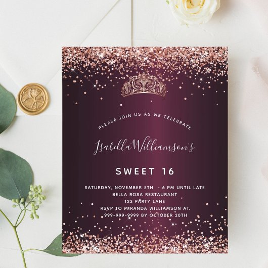 Budget Sweet 16 Bourgogne roos Gold tiara