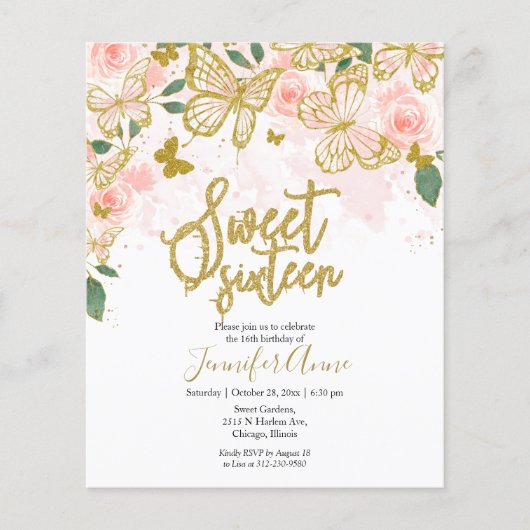 Budget Sweet 16 Butterfly Invitation Blush Floral (Voorkant)