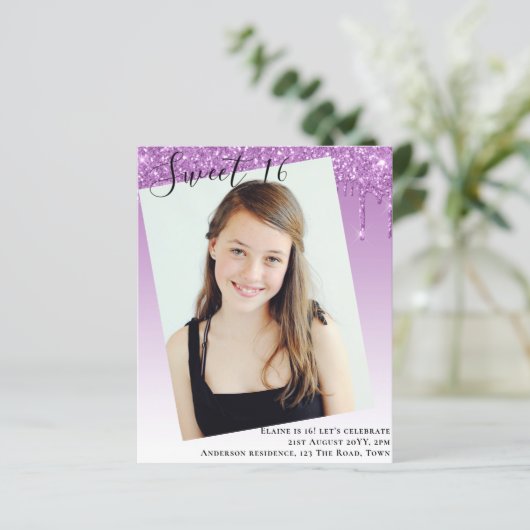 BUDGET Sweet 16 FOTO Uitnodiging met glitters (Staand voorkant)