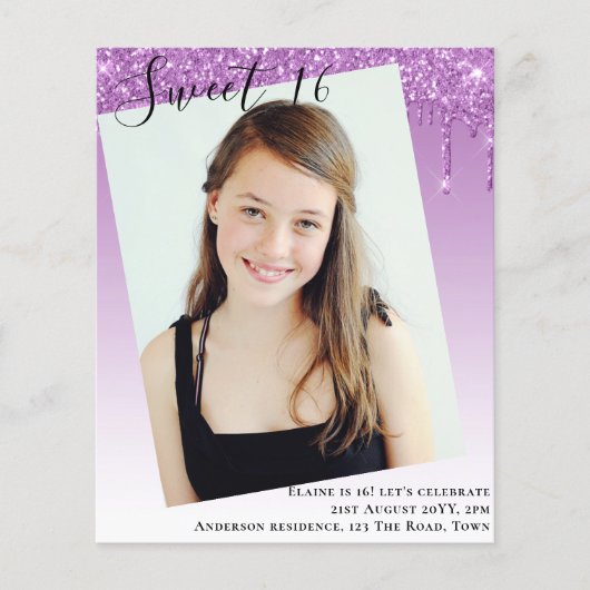 BUDGET Sweet 16 FOTO Uitnodiging met glitters (Voorkant)