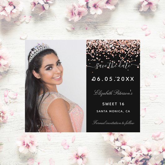Budget Sweet 16 foto van zwart roos Save the Date