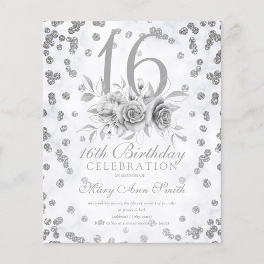 Budget Sweet 16 Glitter Silver Floral Invite Flyer (Voorkant)