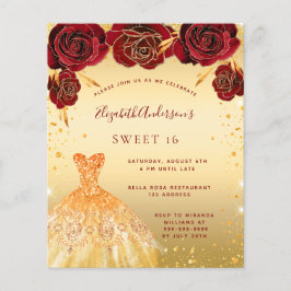 Budget Sweet 16 gouden rode glitter jurk uitnodigi