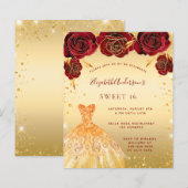 Budget Sweet 16 gouden rode glitter jurk uitnodigi (Voorkant / Achterkant)