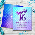 Budget Sweet 16 Groovy Paarse Blauwe Gradiënt Uitn<br><div class="desc">“Verjaardag Gelukwensen 16 wordt je Sweet 16”. Stuur deze coole boho retro, gepersonaliseerde budgetfeestuitnodiging voor een onvergetelijk feest. Leuk, trendy, dikke paarse en marineblauwe typografie met moderne schreefloze letters over een achtergrond van knal licht turquoise en paarse ombre verlopende stralen met witte stippen. Aan de achterkant ligt een witte Sweet...</div>