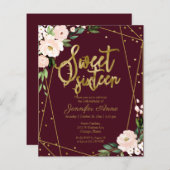 Budget Sweet 16 Invitation Gold Burgundy Floral (Voorkant / Achterkant)