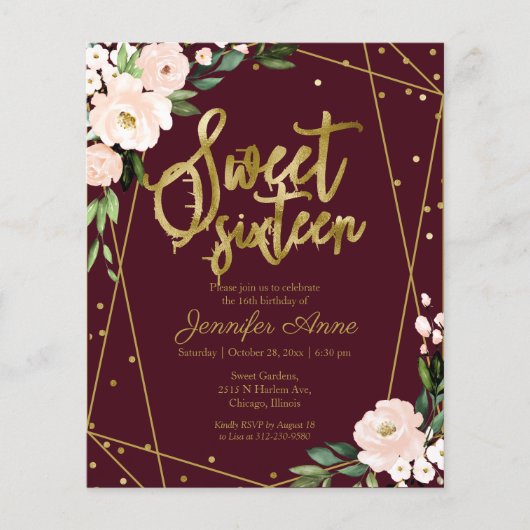 Budget Sweet 16 Invitation Gold Burgundy Floral (Voorkant)