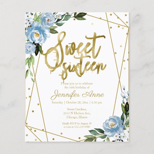 Budget Sweet 16 Invitation Gold Dusty Blue Floral (Voorkant)