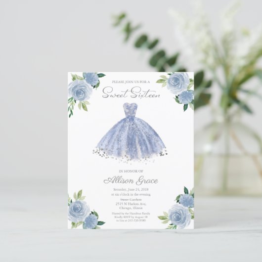 Budget Sweet 16 Invitation Silver Dusty Blue Gown (Staand voorkant)