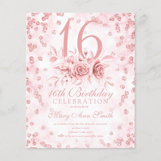 Budget Sweet 16 Marble Glitter Roos Gold Floral Flyer (Voorkant)