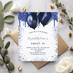 Budget Sweet 16 marineblauwe witte uitnodiging<br><div class="desc">Een meisjesfeestelijke uitnodiging voor vrouwelijke en vrouwelijke verjaardagsfeestjes. Vooraan: Een witte achtergrond. Gedecorreerd met blauw vuil glitterdruppels,  verfdruppelende blik en ballonnen. Pas een naam en partijdetails aan en voeg deze toe. De naam wordt geschreven met een handgeschreven stijlmanuscript met letters.</div>