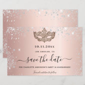 Budget Sweet 16 masquerade roos gold save the date (Voorkant / Achterkant)
