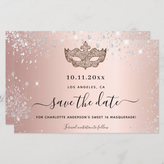 Budget Sweet 16 masquerade roos gold save the date (Voorkant / Achterkant)