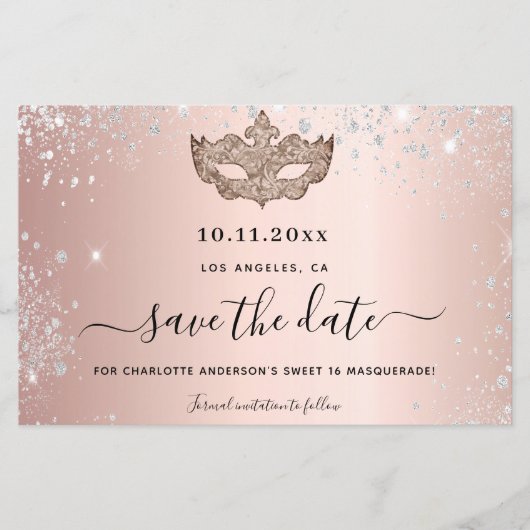 Budget Sweet 16 masquerade roos gold save the date (Voorkant)