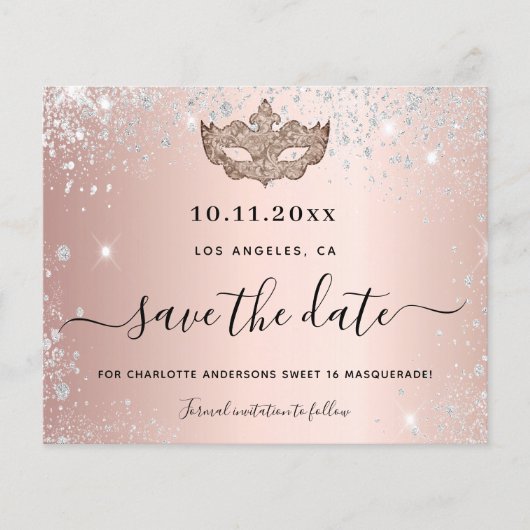 Budget Sweet 16 masquerade roos gold save the date (Voorkant)