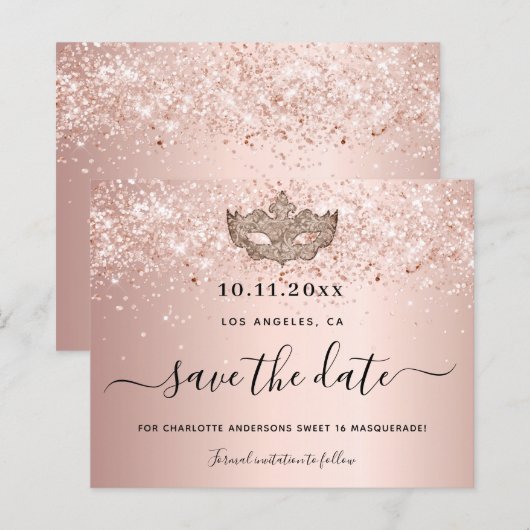 Budget Sweet 16 masquerade roos gold save the date (Voorkant / Achterkant)