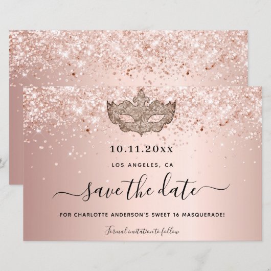 Budget Sweet 16 masquerade roos gold save the date (Voorkant / Achterkant)