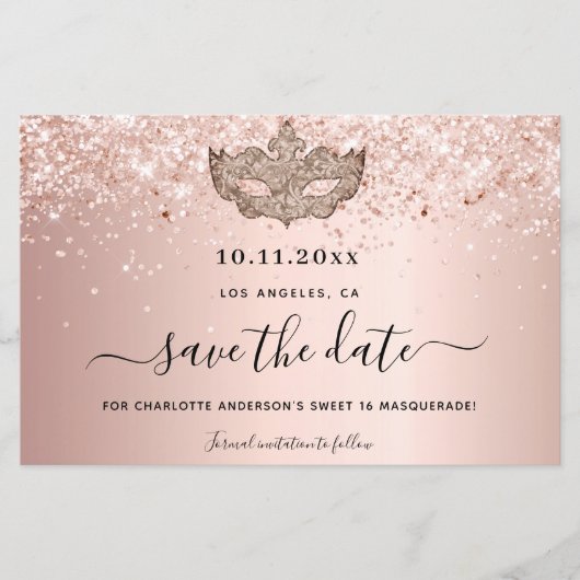 Budget Sweet 16 masquerade roos gold save the date (Voorkant)