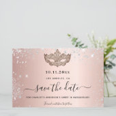 Budget Sweet 16 masquerade roze goud save the date (Staand voorkant)