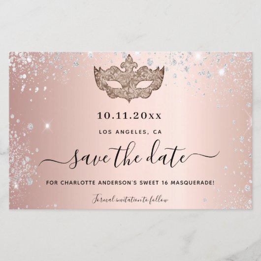 Budget Sweet 16 masquerade roze goud save the date (Voorkant)