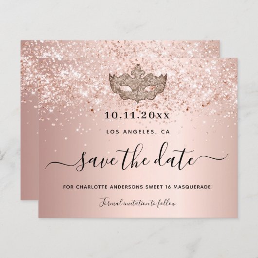 Budget Sweet 16 masquerade roze goud save the date (Voorkant / Achterkant)