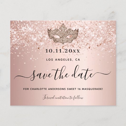 Budget Sweet 16 masquerade roze goud save the date (Voorkant)