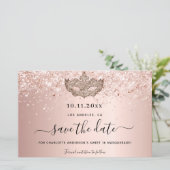 Budget Sweet 16 masquerade roze goud save the date (Staand voorkant)