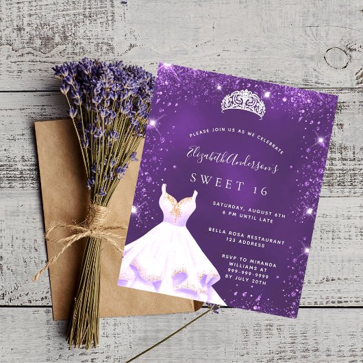Budget Sweet 16 paarse glitter-kledinguitnodiging